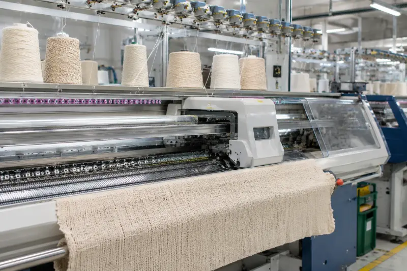 Linknit computerized flat knitting machine producing slub linen knitwear in the factory