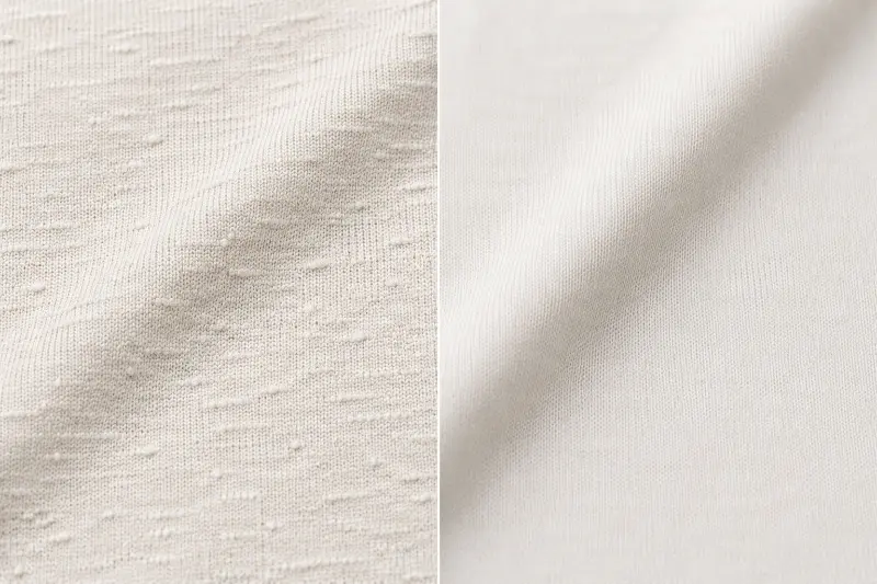Linknit slub linen vs regular knit fabric comparison showing textured vs smooth surface
