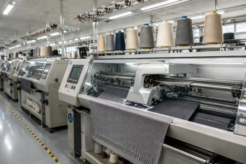 Linknit computerized flat knitting machine producing blended yarn sweaters in the factory