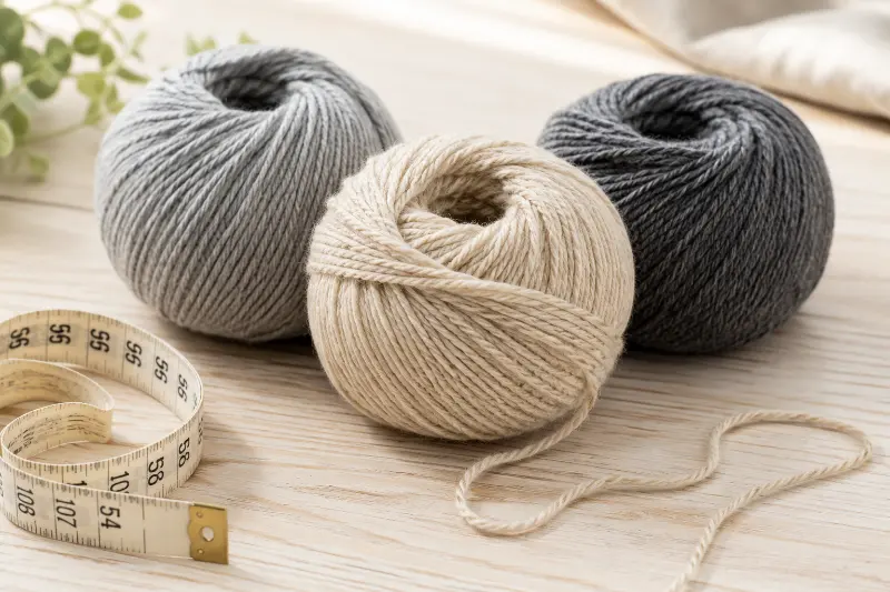 Linknit wool acrylic polyester blended yarn material close-up showing three-fiber blend yarn balls