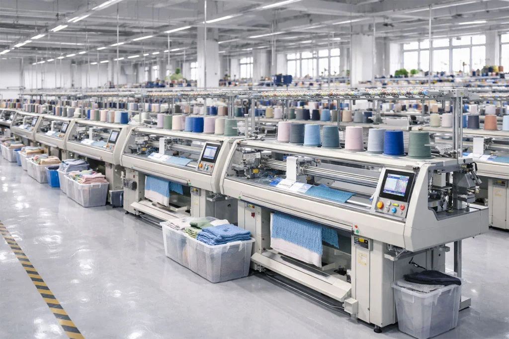Linknit flat knitting production floor: fall new-season sweater bulk production in action