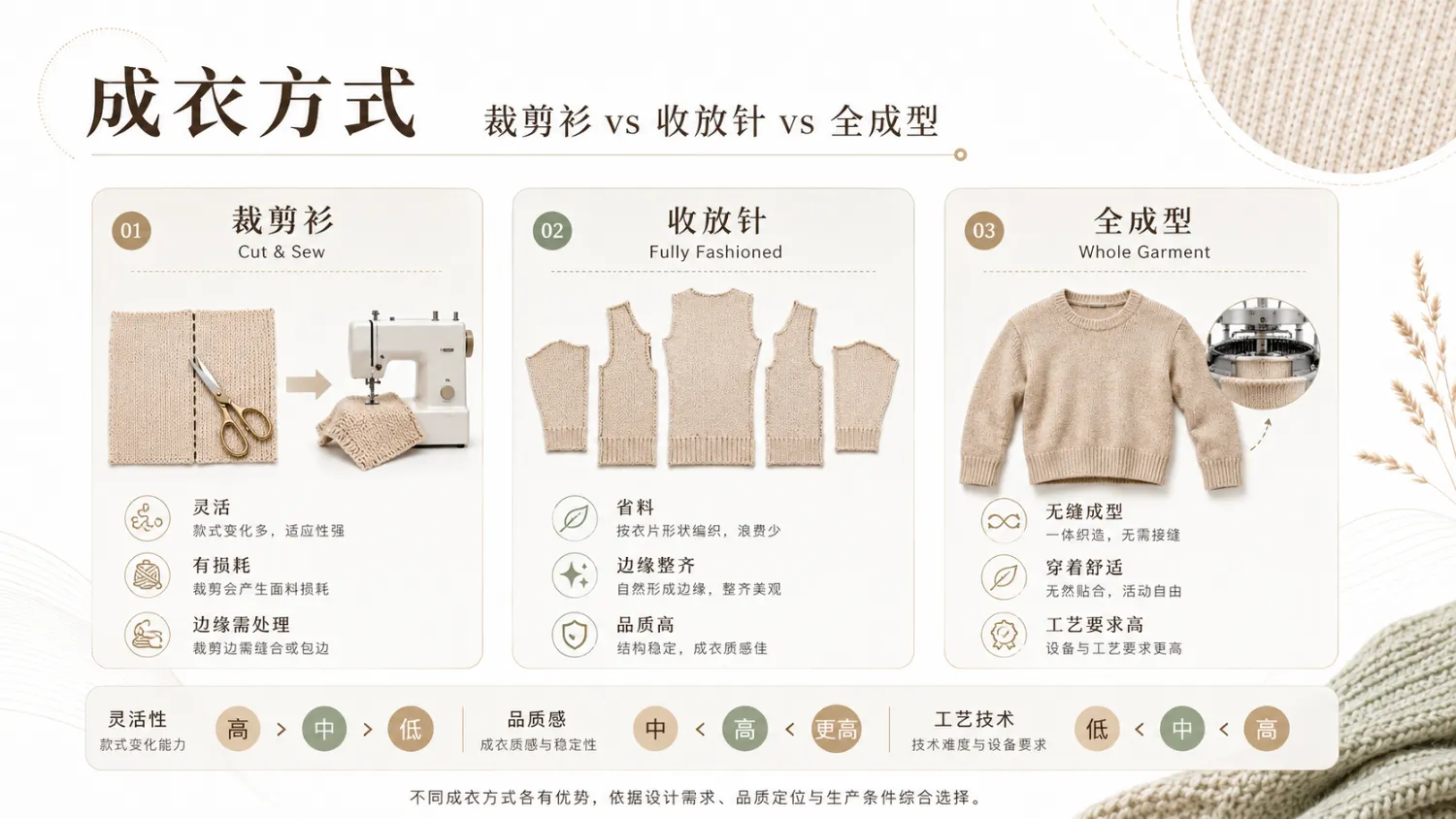 Cut & Sew vs Fully Fashioned vs Whole Garment comparison diagram
