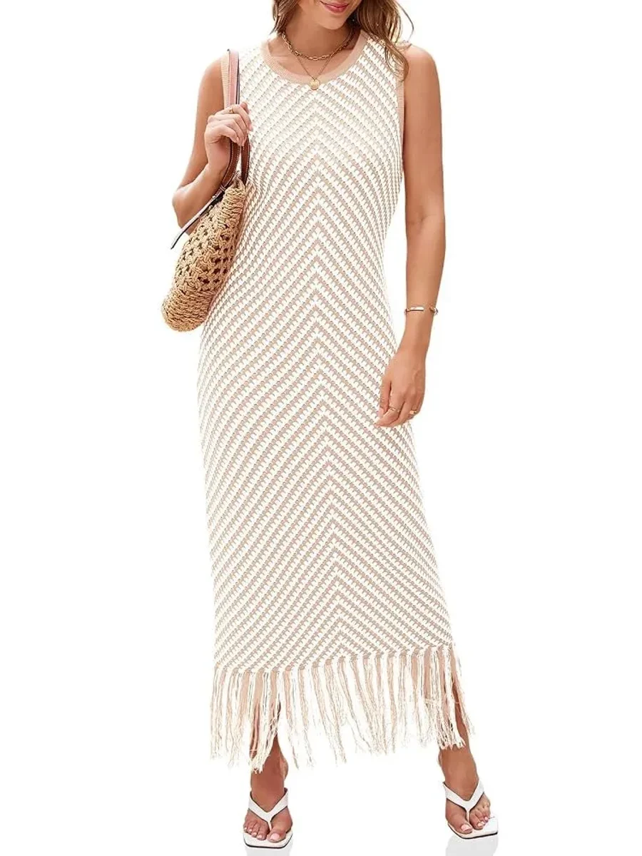 Linknit off-white crochet hollow-out tassel knit dress OEM/ODM