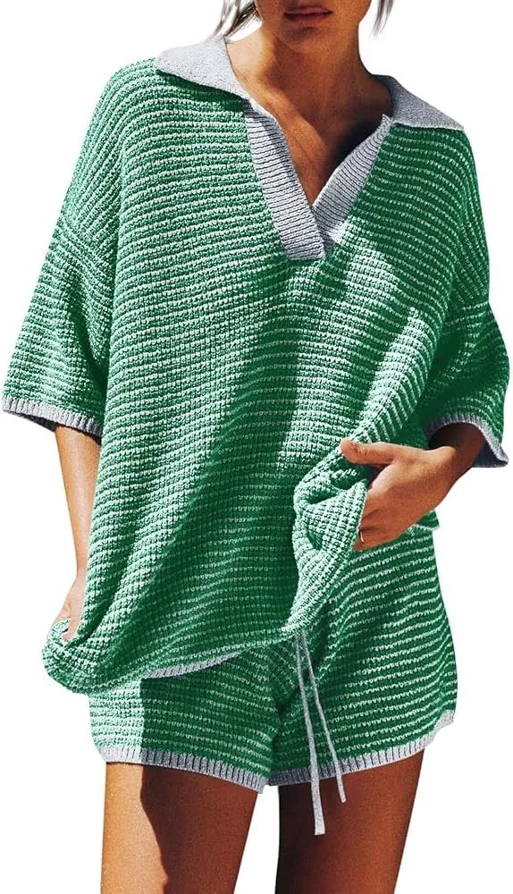 Linknit color block short-sleeve polo knit set OEM/ODM