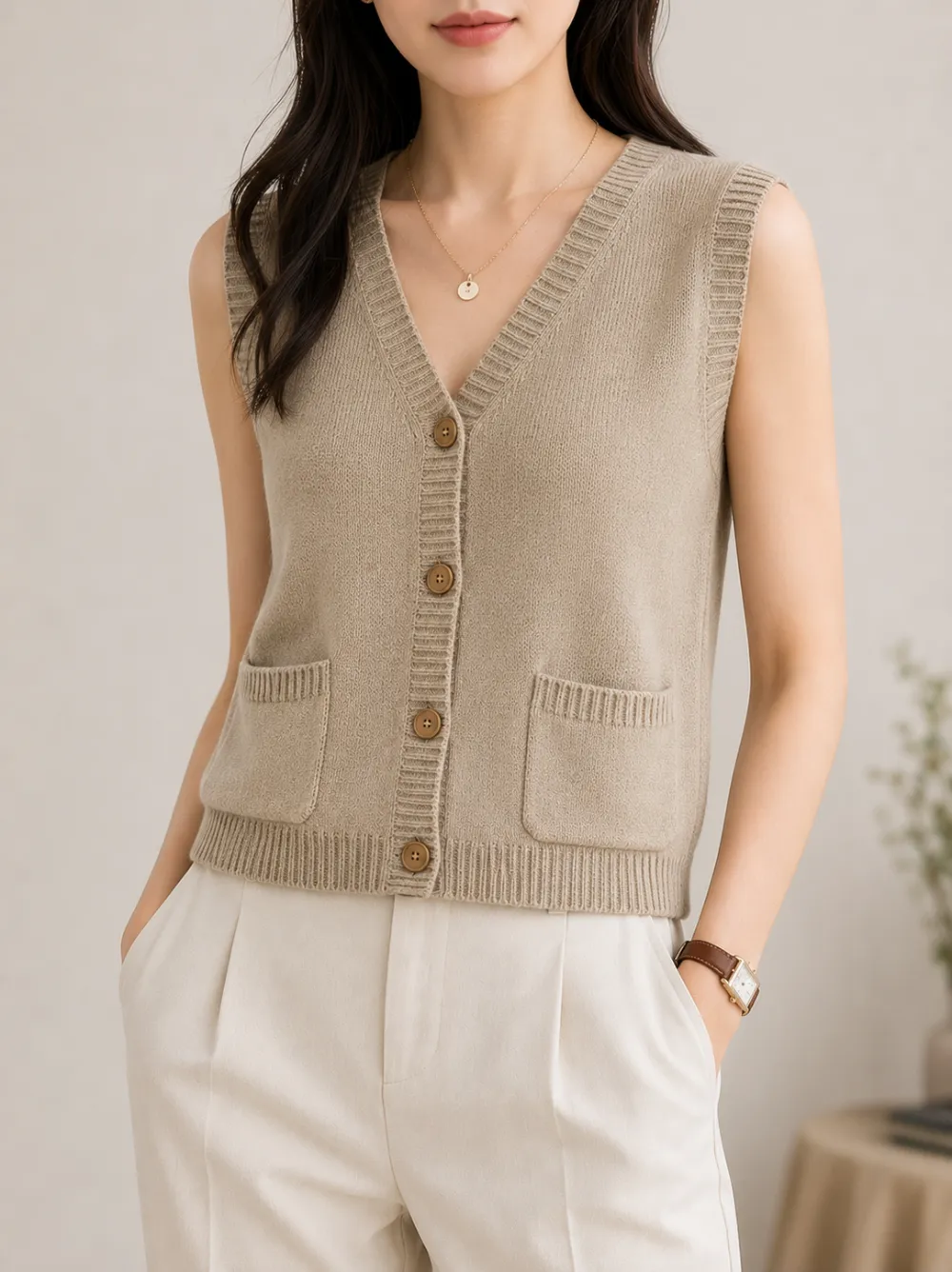Linknit sleeveless V-neck button waistcoat OEM/ODM custom sample